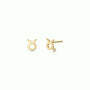 A pair of Zodiac Earrings - Taurus in small gold plating, one displayed front and one side view on a light background—an ideal choice for zodiac jewelry enthusiasts.