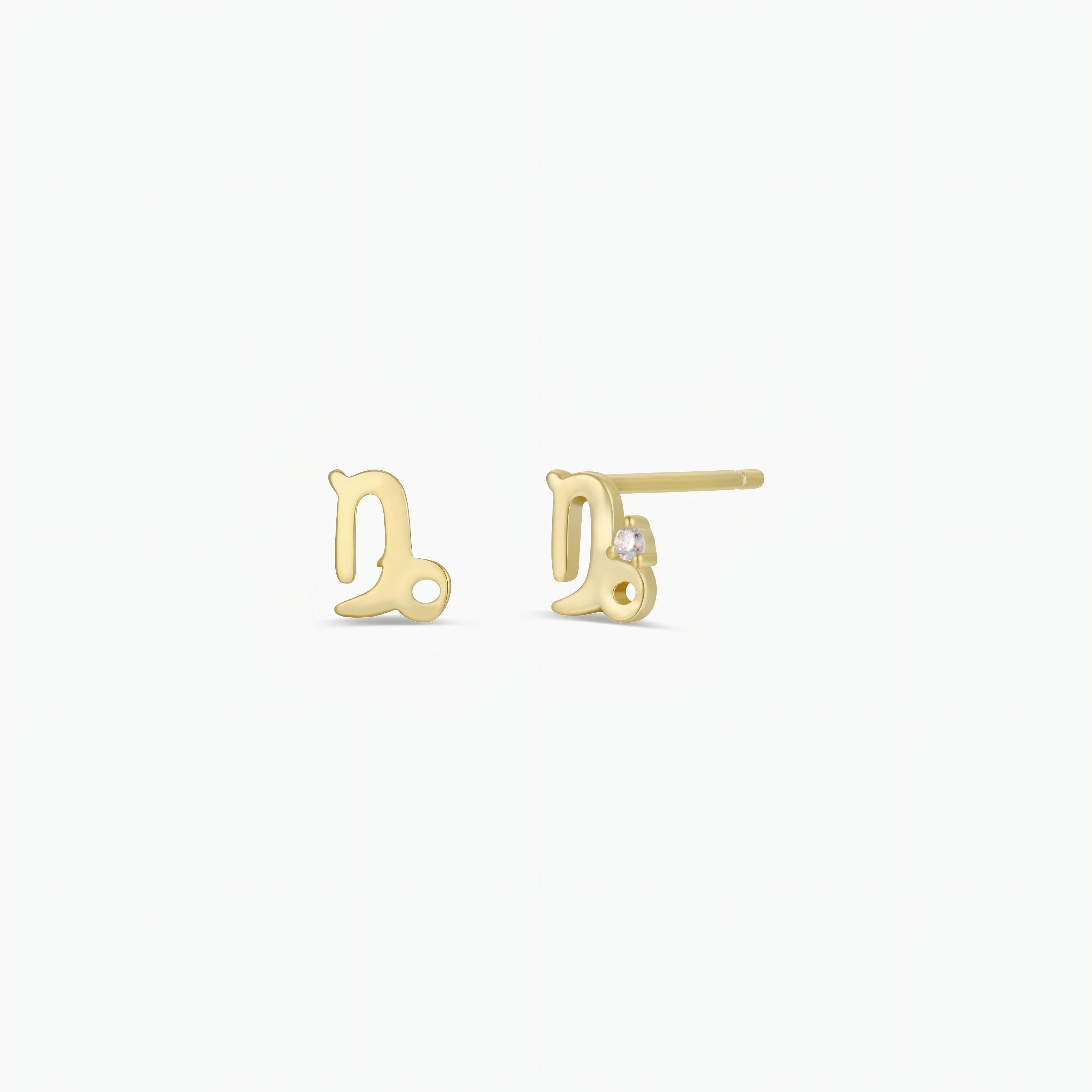 A pair of Zodiac Earrings - Capricorn, shaped like the lowercase letter d and crafted in 18k Gold Plating, shown from the front and side on a white background—ideal as unique stud earrings for ear piercings.