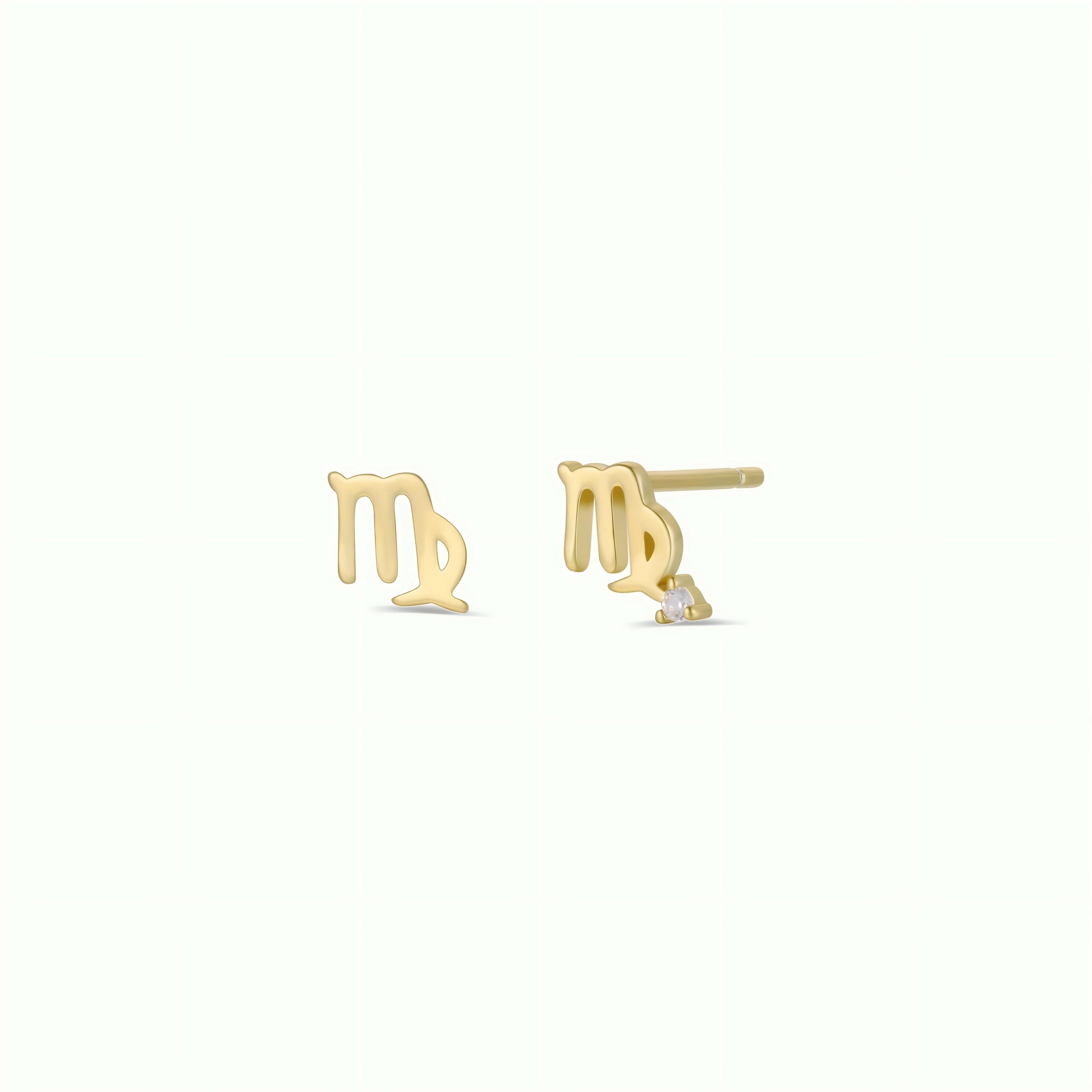 A pair of Zodiac Earrings - Scorpio, shaped like the Scorpio symbol and crafted with 18k Gold Plating, perfect for ear piercings and shown against a simple, light background.