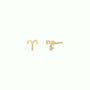 The Zodiac Earrings - Aries feature small gold-plated charm studs with sterling silver posts, shown on a light background—one earring displayed from the front, the other from the side.