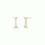 The Dual Triangle Drop features gold-plated earrings with two vertically aligned clear triangular CZ stones, joined by a small gold link and set on sterling silver posts, shown against a plain light background.