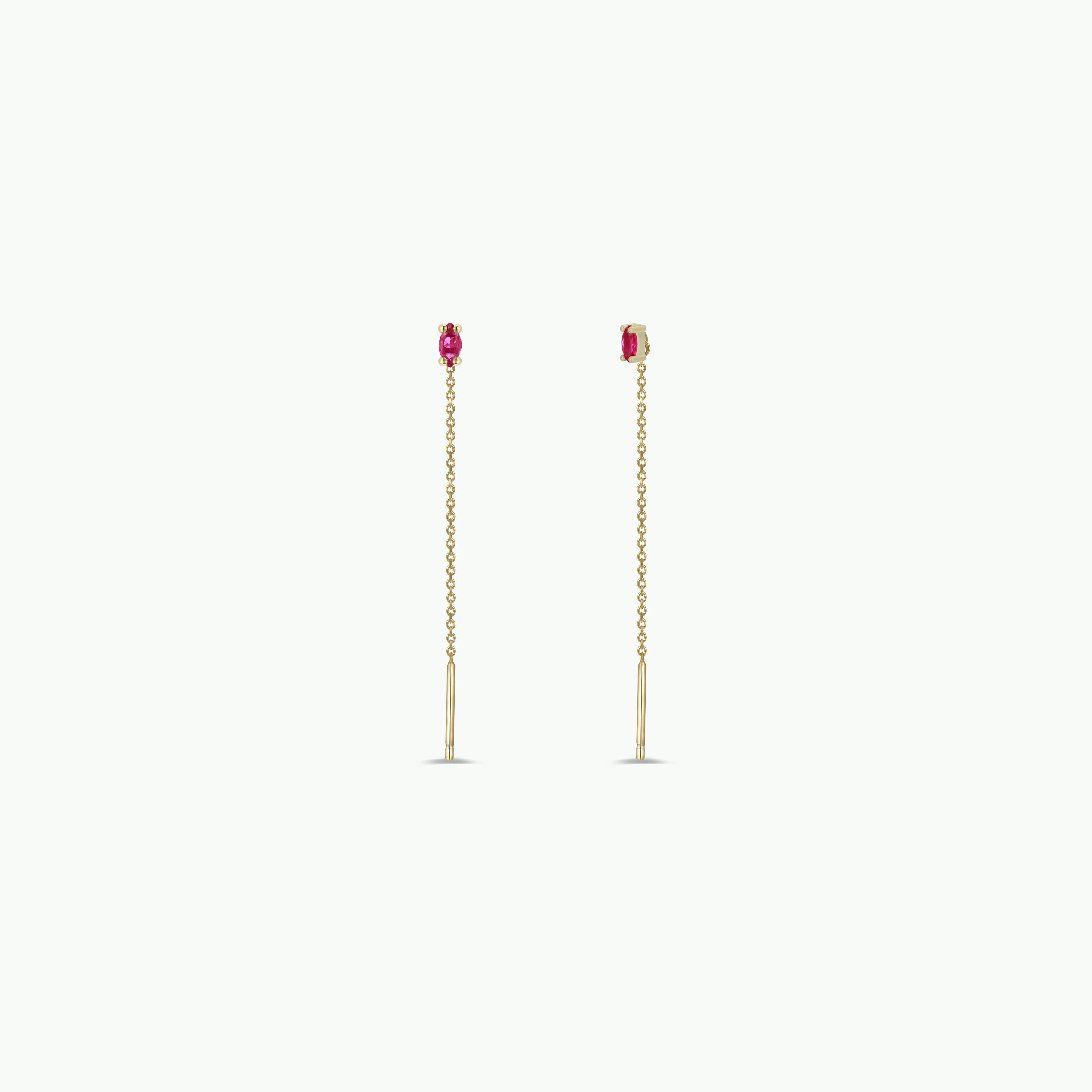 The JaxKelly Studded Threader - Pink CZ earrings feature 18K gold plating with a delicate chain and a small pink cubic zirconia stud, showcased against a plain white background.