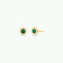 The Malachite Sun Stud features green malachite stone centers and 18k gold plating, shown on a plain light background.