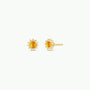 The Amber Sun Stud earrings feature a gold sun design with a round amber stone center and radiating rays, shown on a plain white background.
