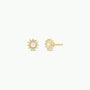 The White Opal Sun Stud features sun-shaped gold studs with round lab-grown white opals at the center, crafted with 18k gold plating and sterling silver posts. Displayed on a plain white background.