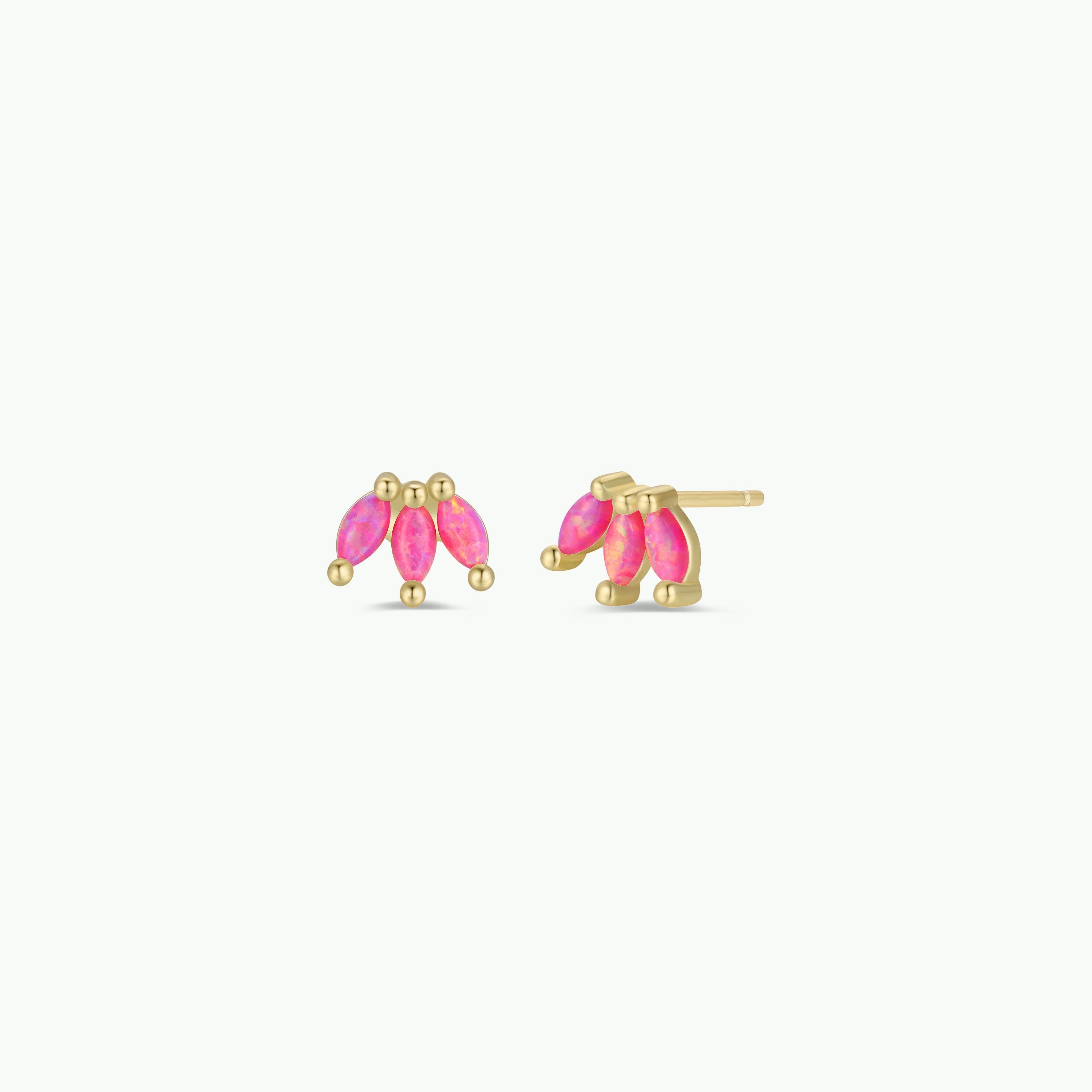 The Pink Opal Crown earrings showcase three marquise-cut lab-grown Pink Opals in a triangular cluster, accented with gold beads and 18k gold plating, displayed on a white background.
