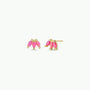 The Pink Opal Crown earrings showcase three marquise-cut lab-grown Pink Opals in a triangular cluster, accented with gold beads and 18k gold plating, displayed on a white background.