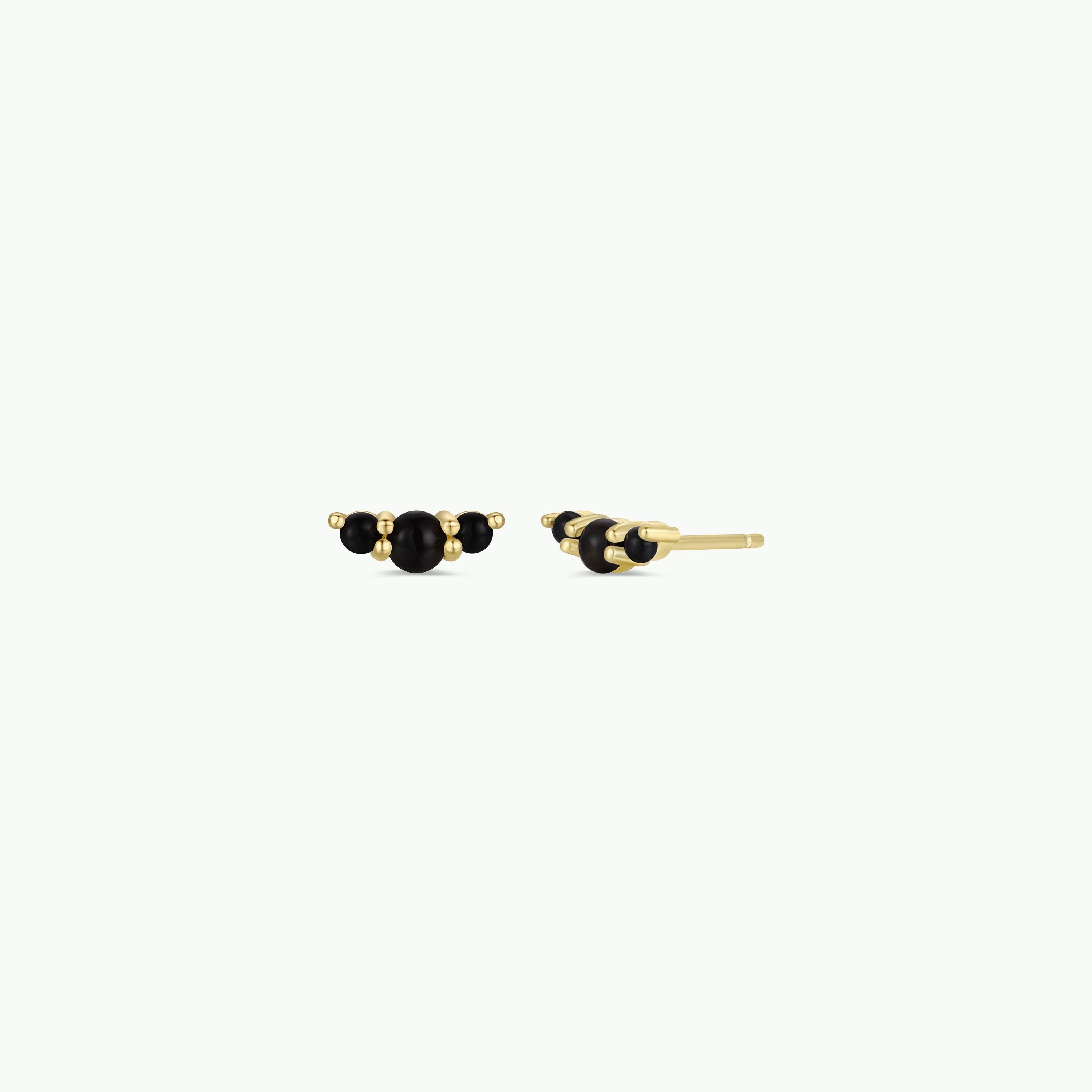 Crescent Gold Earrings - Black Tourmaline: a pair of gold-plated stud earrings with three small black beads in a row, shown on a white background—one facing front, one side view. Elegant choice for everyday or special occasions.