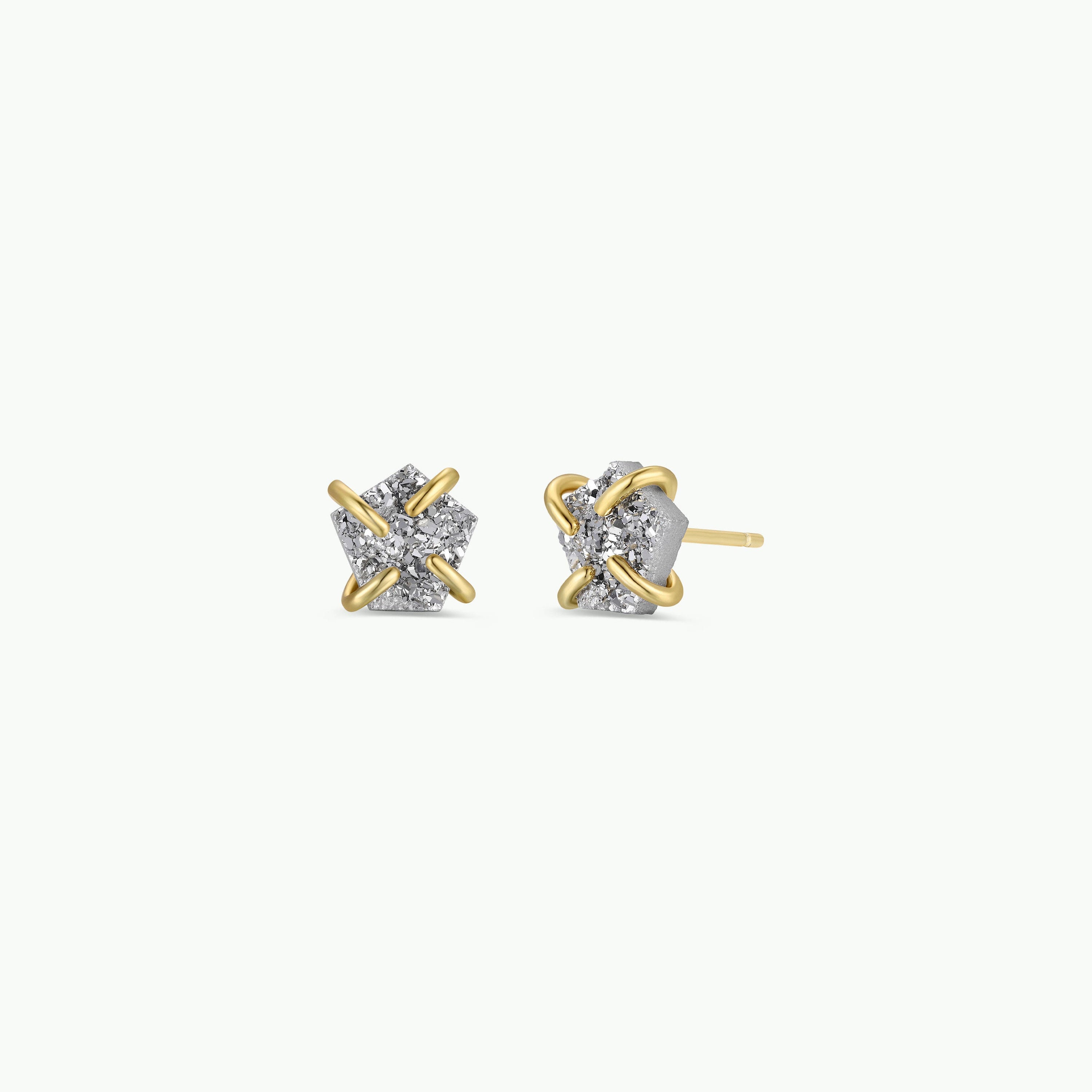 The Silver Druzy Prong stud earrings feature a crisscross design with gold prongs and square-set sparkling diamonds, crafted in sterling silver with 18k gold plating, shown on a plain white background.