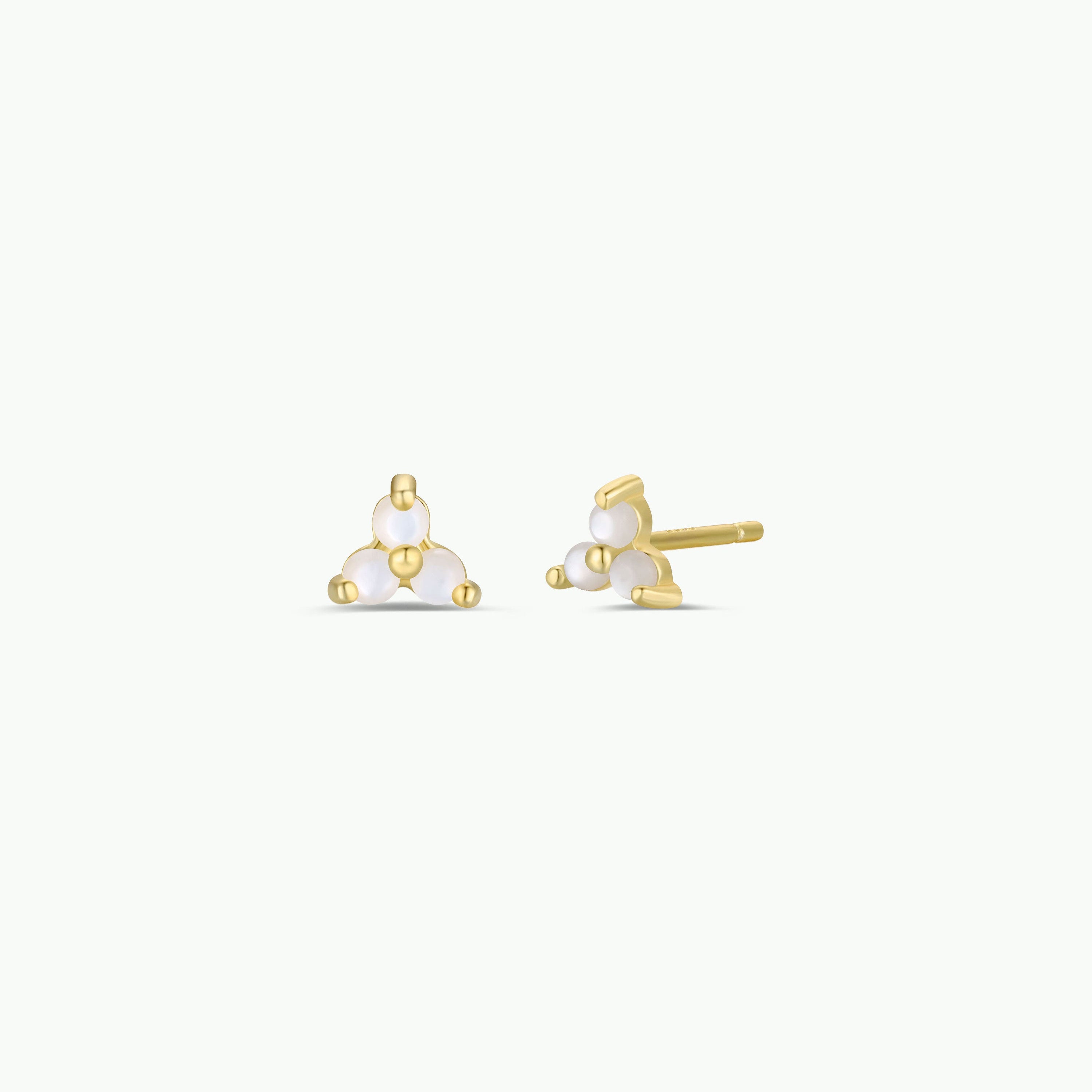 The Trio Cluster Gold Earrings - Pearl are gold-plated studs with three small freshwater pearls arranged in a triangle, each set in delicate gold, shown against a plain white background.