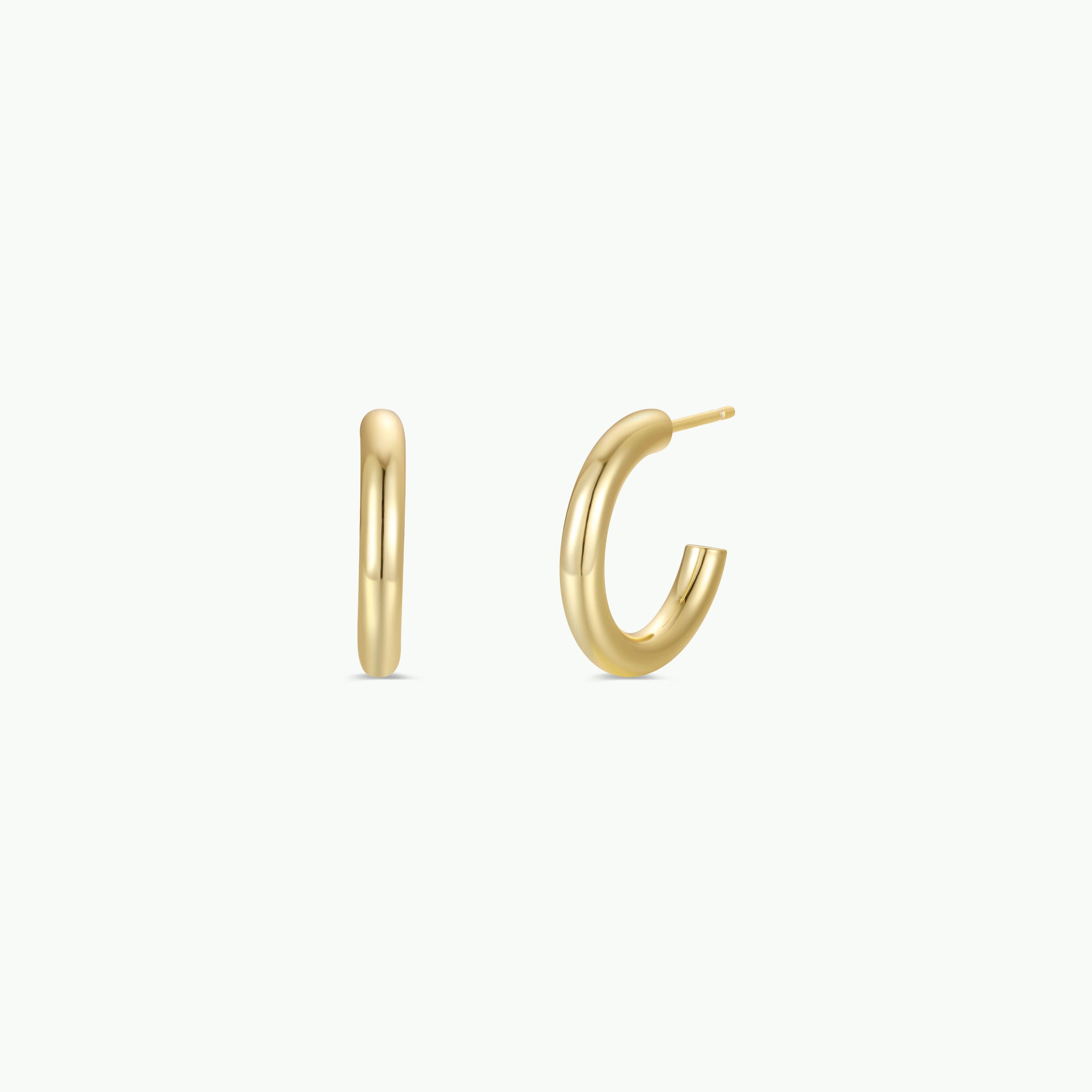 Gold Hoop - Smooth earrings are shown on a plain white background, with one small chunky gold-plated hoop displayed from the front and the other from the side.