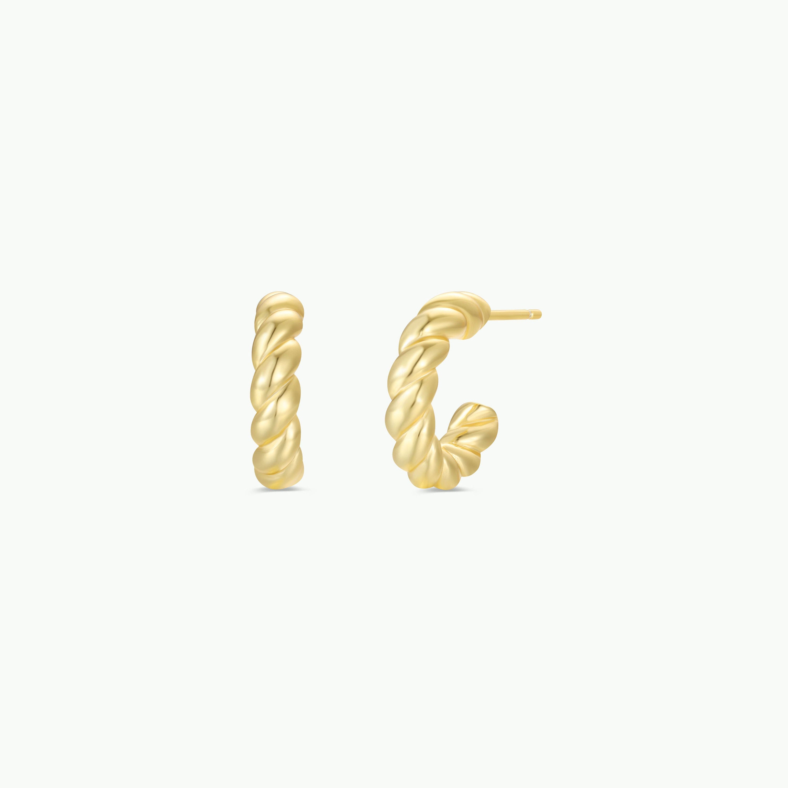 Twisted Hoop earrings shown on a white background—one displays the twisted rope design from the front, while the other reveals its sterling silver post from a side angle.