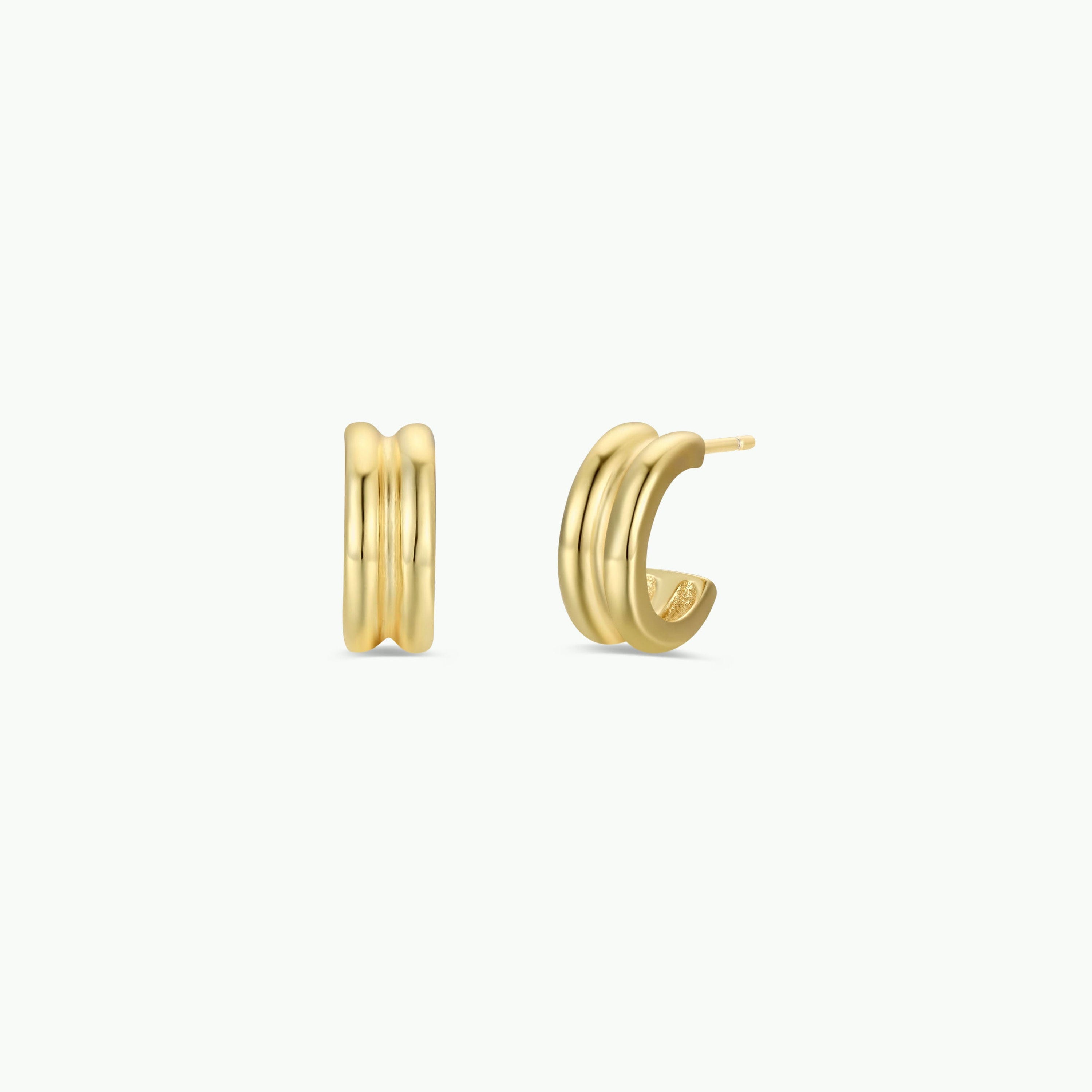 Bold Hoop: Small, 18k gold plated hoop earrings with a double-ridged design. Displayed on a plain white background, one earring is shown front-facing and the other from the side.
