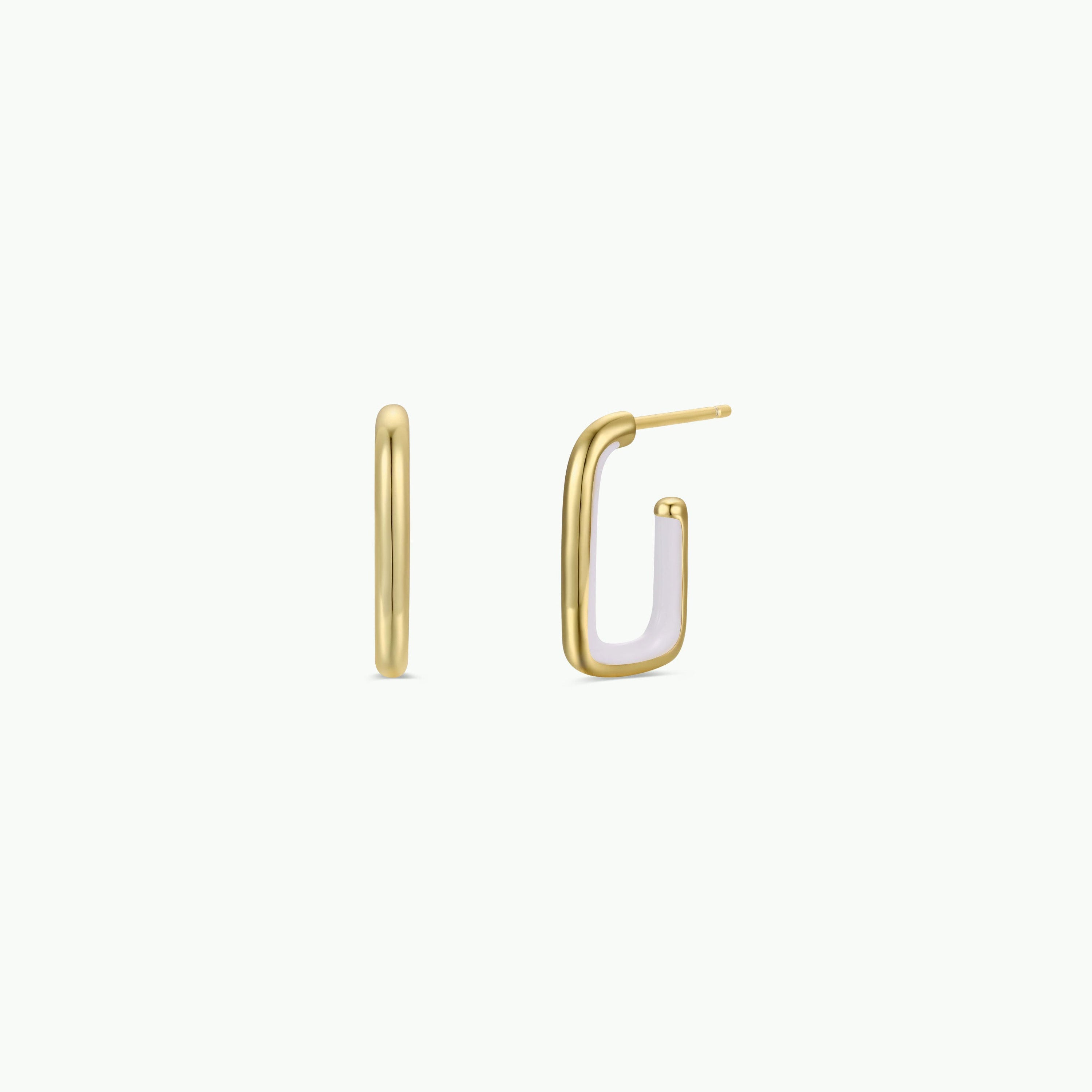 The White Color Dipped Large Rectangle Hoop Earrings are shown on a white background, with one earring viewed from the side and the other from the front, highlighting their modern and minimalist design.