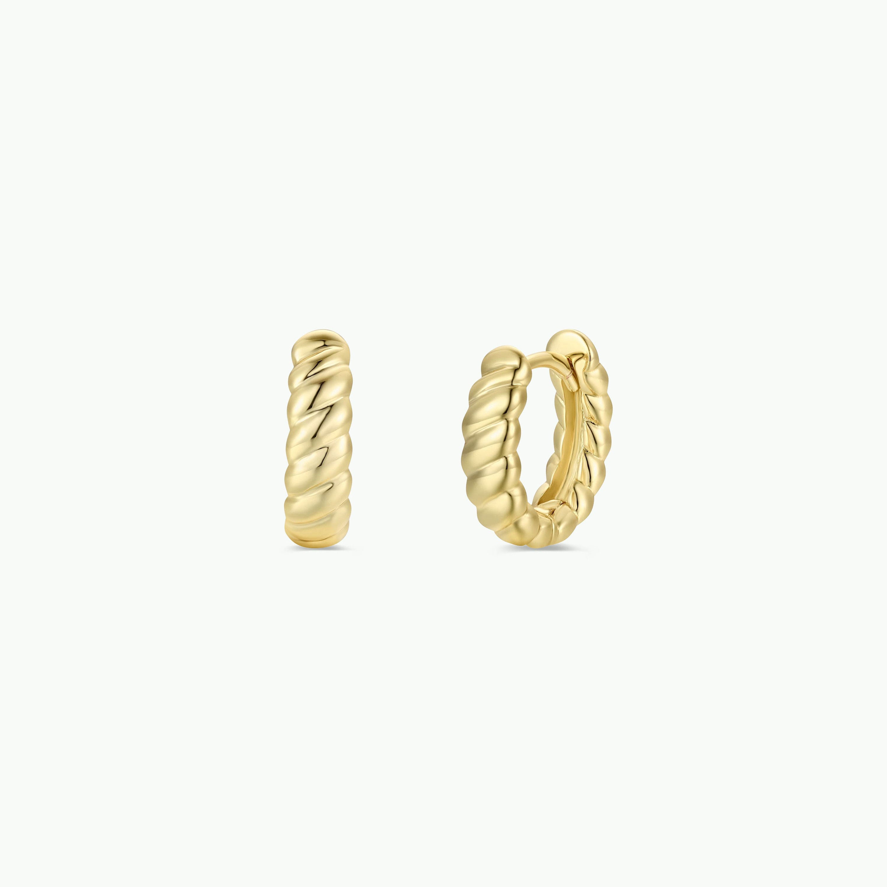 The Small Channel Gold Hoop earrings are 18K gold plated with a twisted rope design and sterling silver posts, displayed on a plain white background.