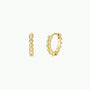 The Small Ball Hoop earrings, featuring two gold-plated hoops with a beaded design and sterling silver posts, are displayed against a white background from side and front angles.