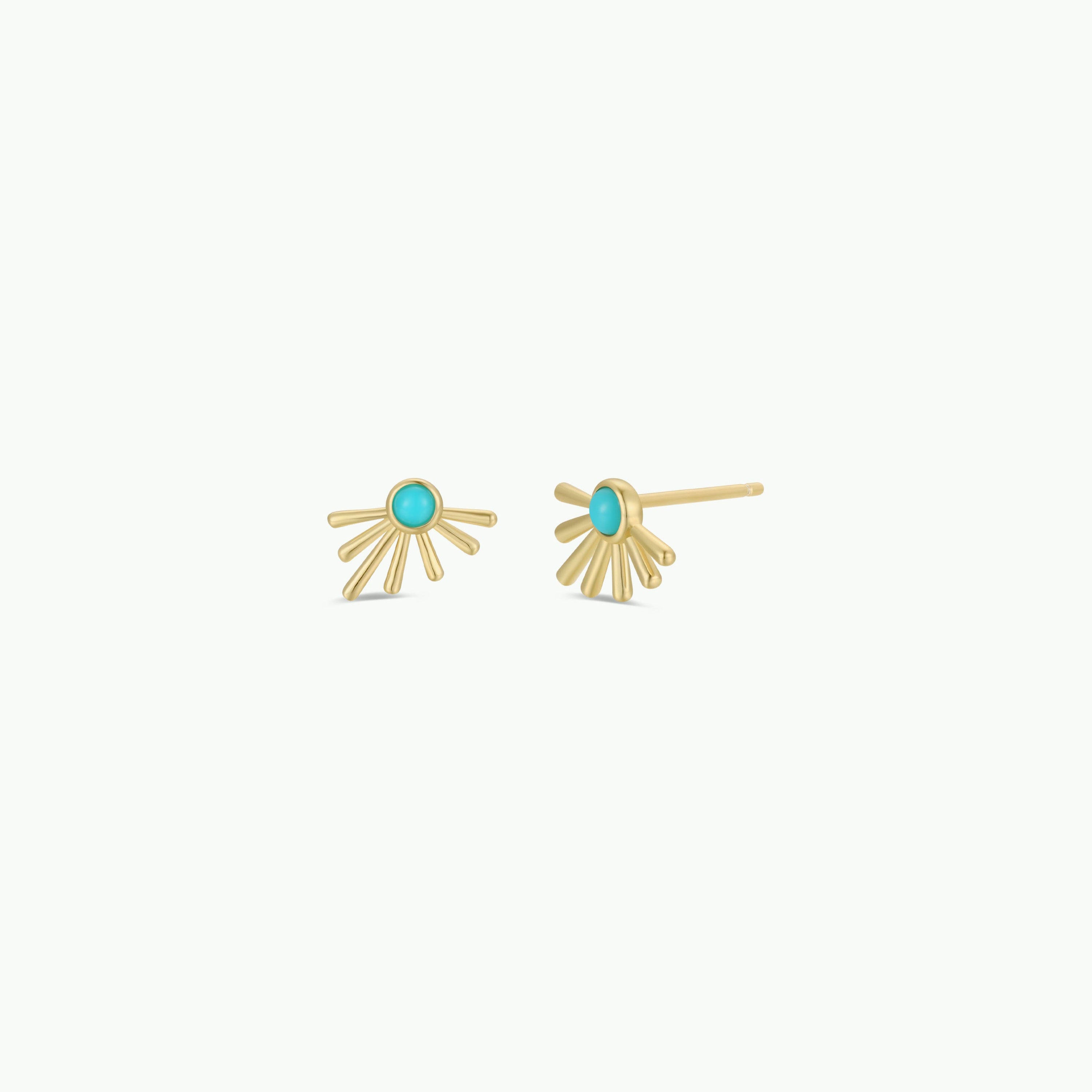 Introducing Sun Ray - Turquoise: gold-plated sterling silver stud earrings with a turquoise center and radiating gold bars for a stunning sunburst design, shown on a plain white background.