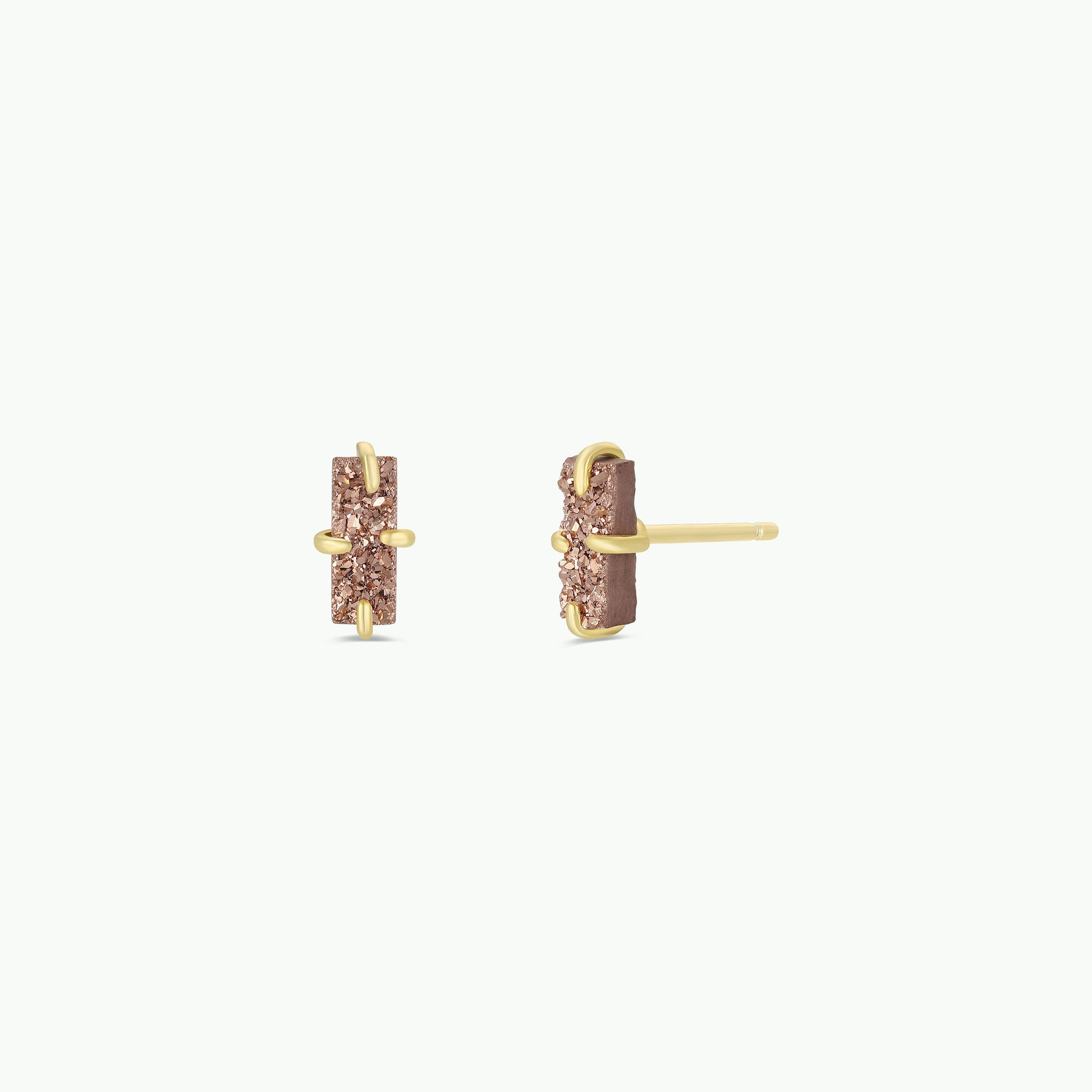 The Rose Gold Bar Druzy earrings feature rectangular textured rose gold bars set vertically in 18k gold-plated prongs, shown from the front and side on a white background.