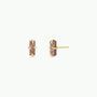 The Rose Gold Bar Druzy earrings feature rectangular textured rose gold bars set vertically in 18k gold-plated prongs, shown from the front and side on a white background.