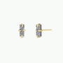 A pair of Silver Bar Druzy stud earrings with vertical rectangular shapes, featuring embedded small stones in a prong setting and 18k gold plating, displayed from the front and side on a plain white background.