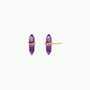 A pair of Amethyst Mineral Point - Healing earrings with small, pointed purple stones wrapped in gold wire and sterling silver posts; one earring shown from the front, the other from the side to display the post.