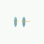 A pair of Amazonite Mineral Point - Hope stud earrings with vertical turquoise crystals wrapped in gold wire on sterling silver posts, displayed on a white background. One earring shows the front; the other shows the side with visible post.