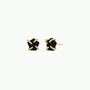The Black Druzy Prong earrings showcase irregular-shaped natural druzy stones secured by four gold prongs on each earring, finished with 18k gold plating, photographed against a plain white background.