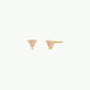 A pair of Rose Quartz Mini Energy Gems - Love gold stud earrings with small triangular pink gemstones and sterling silver posts, shown on a plain white background.