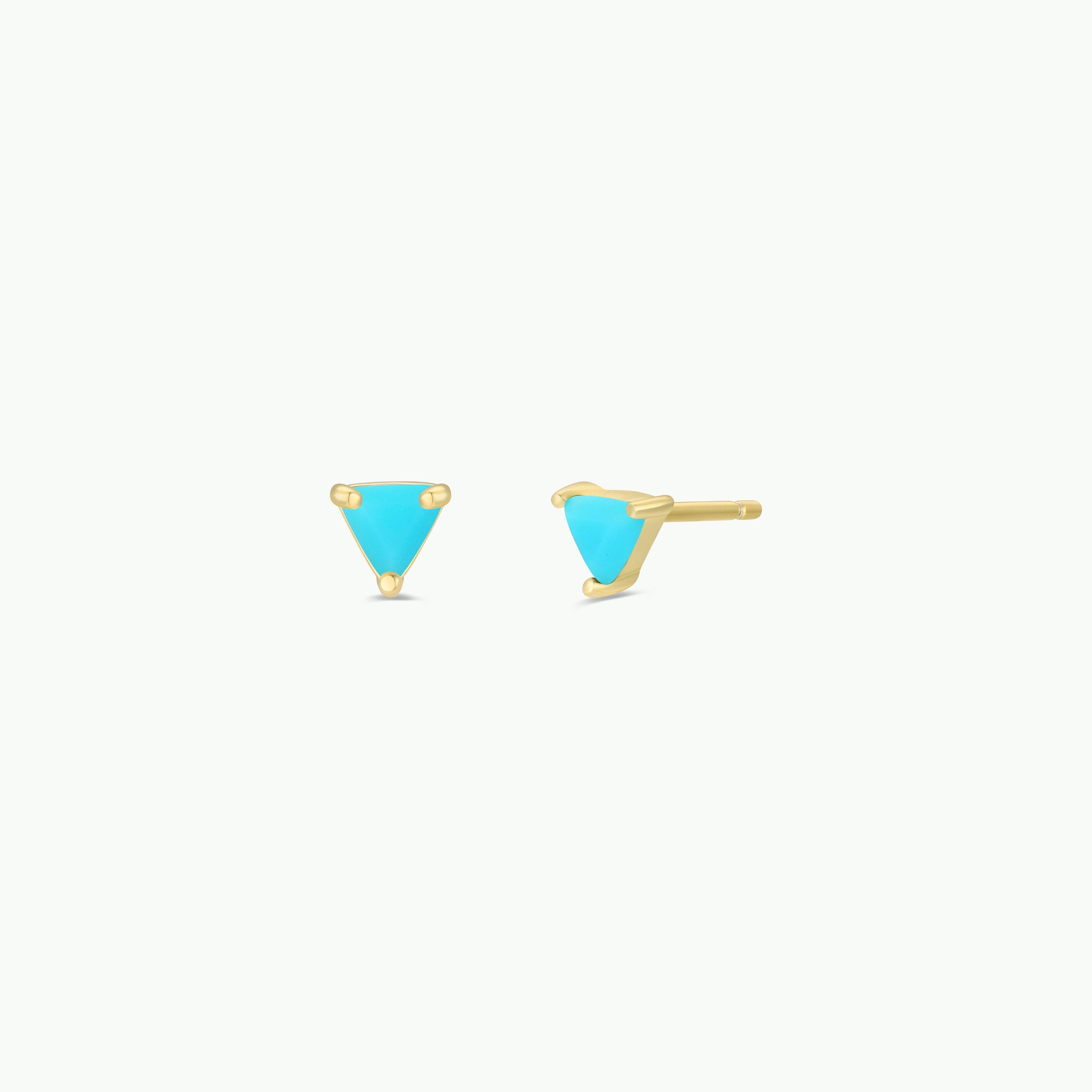 The Turquoise - Mini Energy Gem studs feature small, triangular turquoise stones set in minimalist gold prongs with 18k gold plating, displayed against a plain white background.