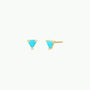 The JaxKelly Turquoise - Mini Energy Gems - Grounding earrings are small studs with triangular turquoise stones in gold prongs, 18k gold plating, and sterling silver posts, shown from the front and side on a plain white background.