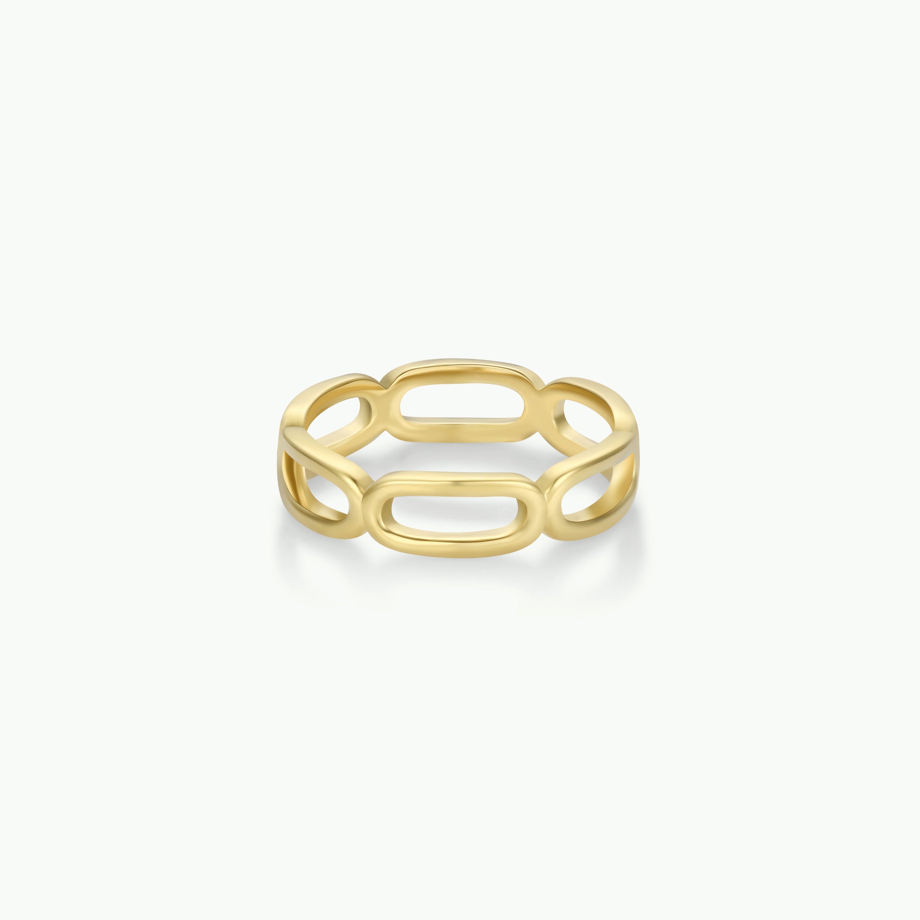 The Chain Link Gold Ring features an open-link design with elongated oval links, ideal for stacking and shown on a plain white background.