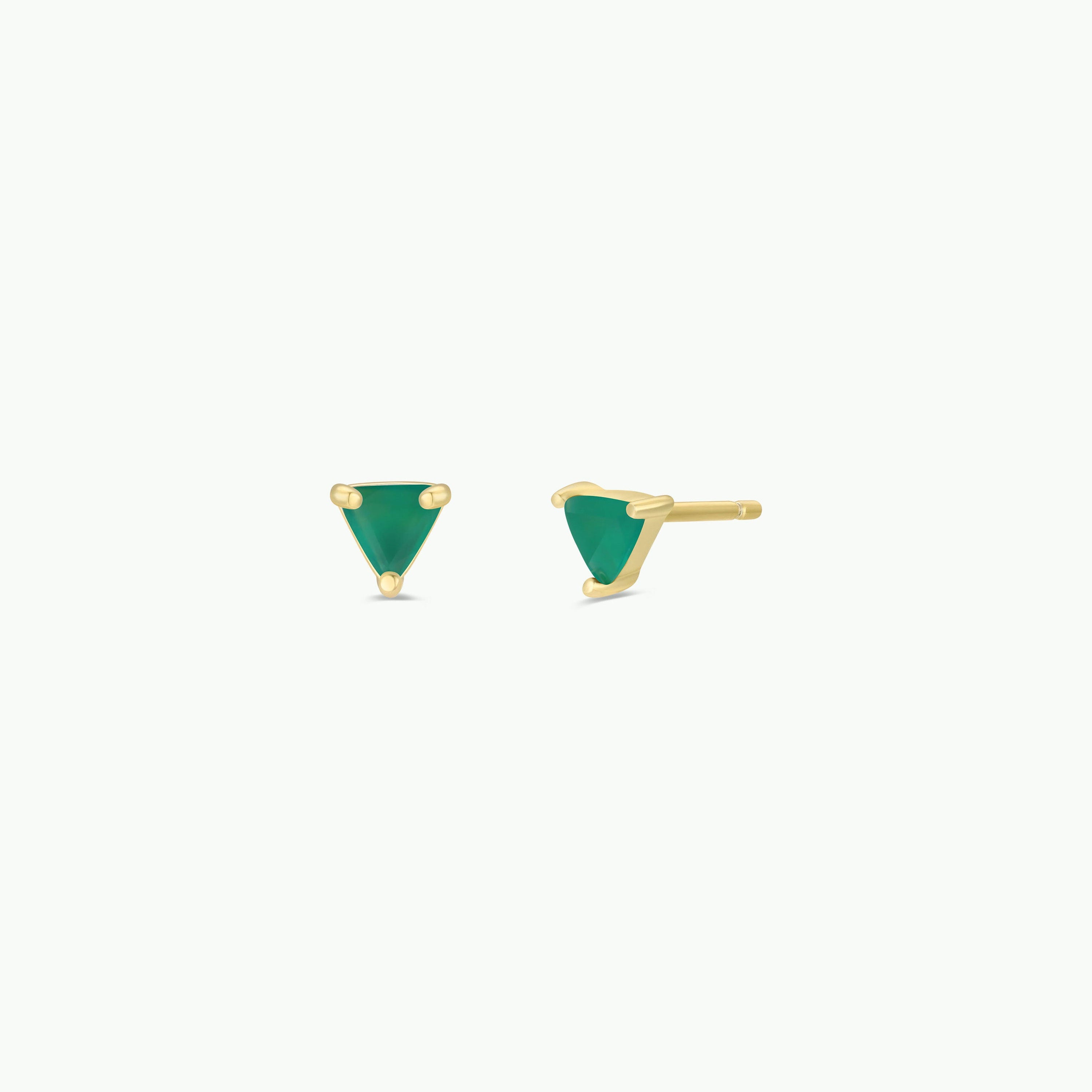 A pair of 18k gold plated Green Onyx Mini Energy Gems - Abundance studs, featuring small triangular green stones, displayed from the front and side on a white background to showcase their striking design.