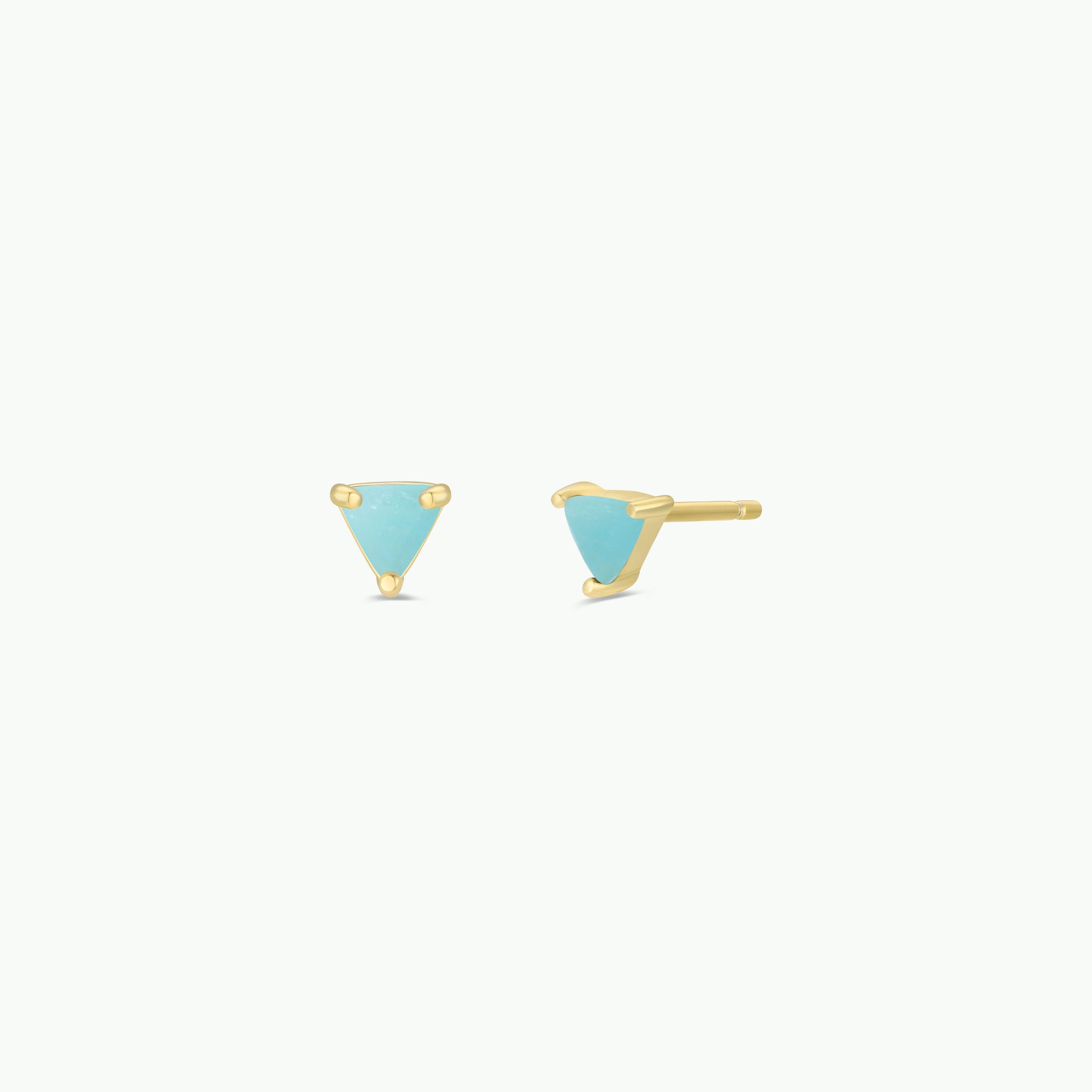 The Amazonite Mini Energy Gems - Hope are gold triangle studs with light blue gemstones, shown front and side on a white background. Crafted with 18k gold plating and sterling silver posts for lasting shine and comfort.