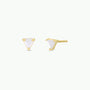 A pair of 18k gold plated stud earrings featuring small, triangular Mother of Pearl gemstones in three-prong settings—Mother of Pearl Mini Energy Gems - Calming—displayed on a white background.