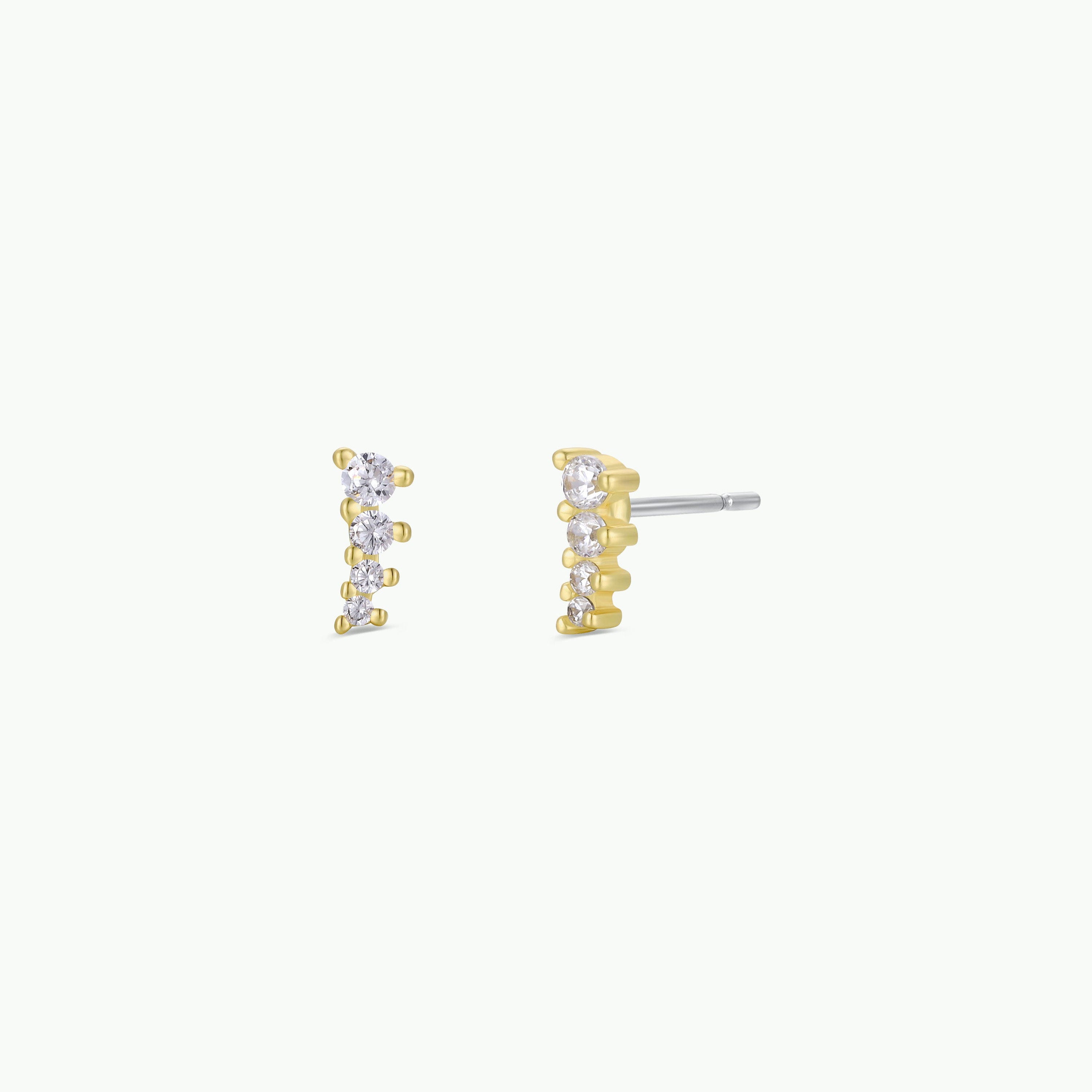 The Mini Crawler - White CZ - Gold Earrings feature a sleek gold-plated design with a vertical row of five small round CZ stones on each ear, shown against a plain white background.