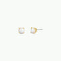 The Round - White Opal Gemstone - Gold Earrings are round lab-grown opal studs with gold prong settings, displayed from the front and side on a plain white background.