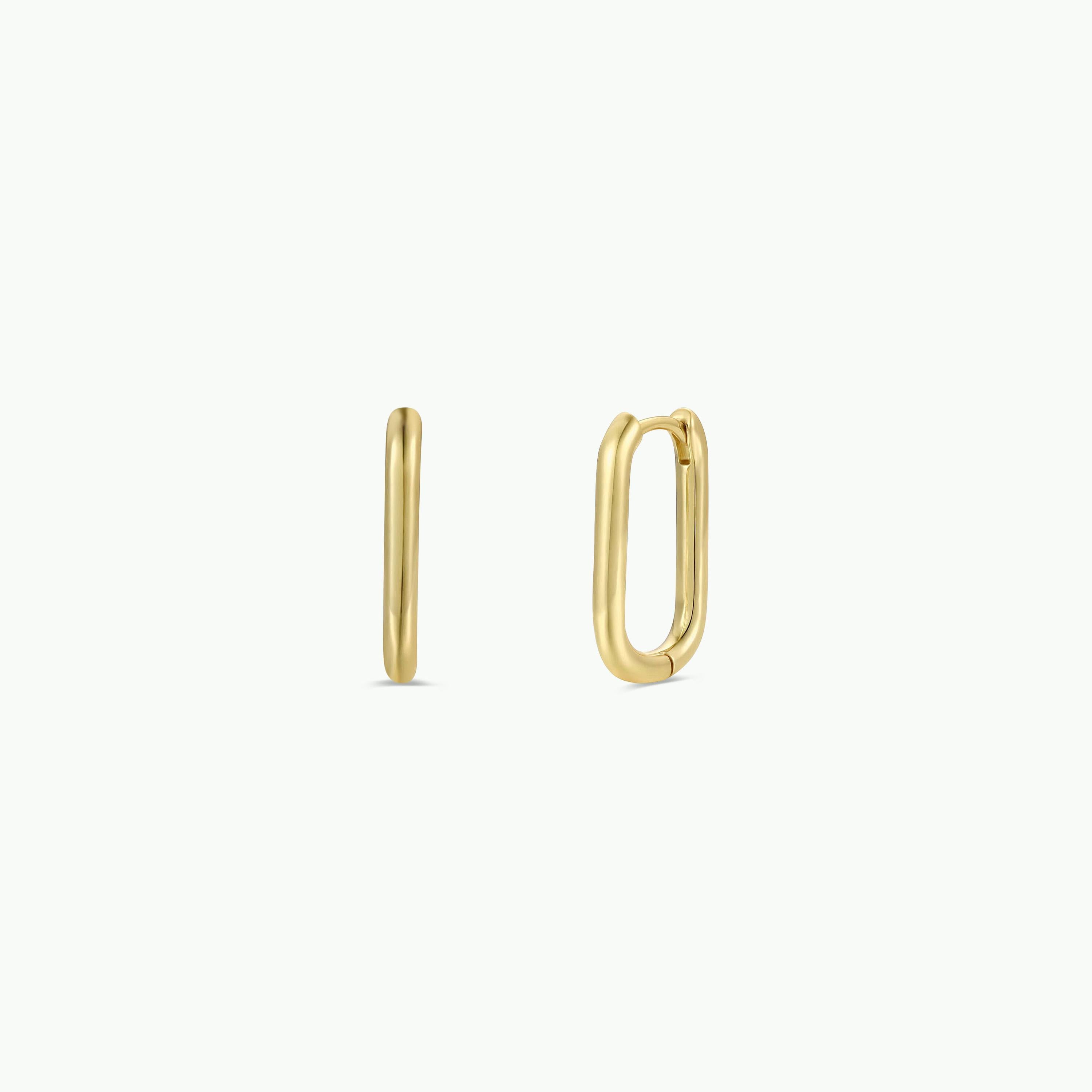 A pair of stylish Large Rectangle Hoops with gold plating and sterling silver posts are shown on a plain white background, displayed from the front and side views.