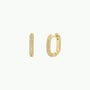 The Pavé Gold Hoop is a pair of small 18k gold plated hoops with rows of sparkling pavé CZ gemstones, displayed from the front and side on a plain white background.