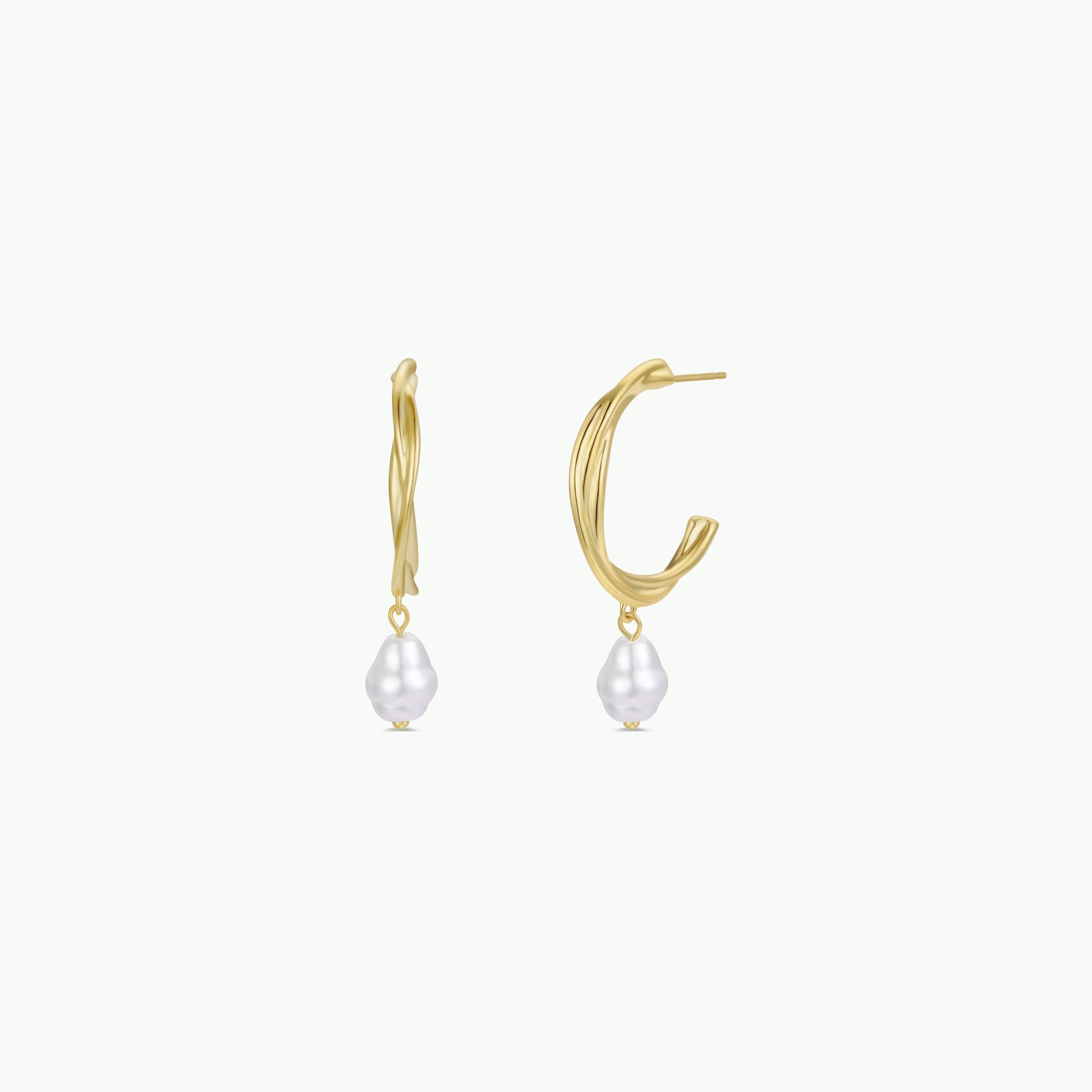 The Twisted Pearl Drop Hoop - Gold Earrings feature gold-plated twisted hoops with a single freshwater pearl drop, showcased on a simple light background.