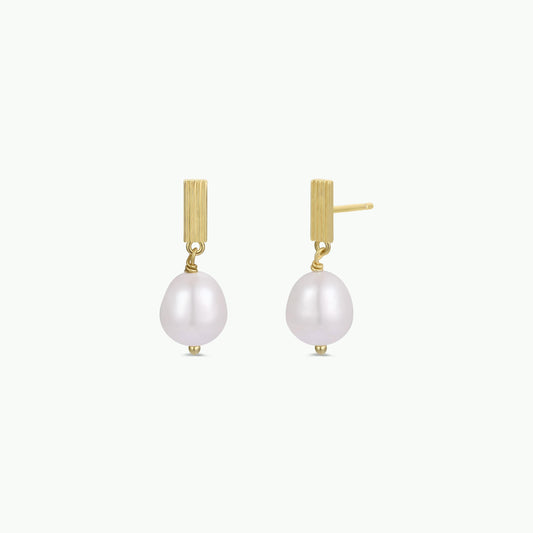 Rectangle Pearl Drop - Gold Earrings