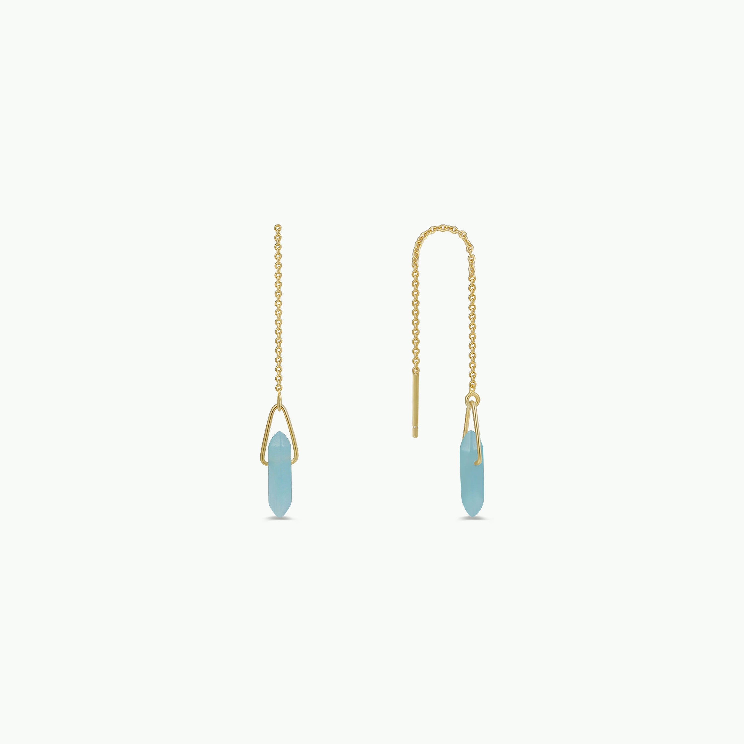 JaxKelly Gemstone Threader - Amazonite earrings feature gold-plated chains with light blue amazonite pendants in a minimalist, elegant design—perfect for long-lasting style. Shown against a white background.