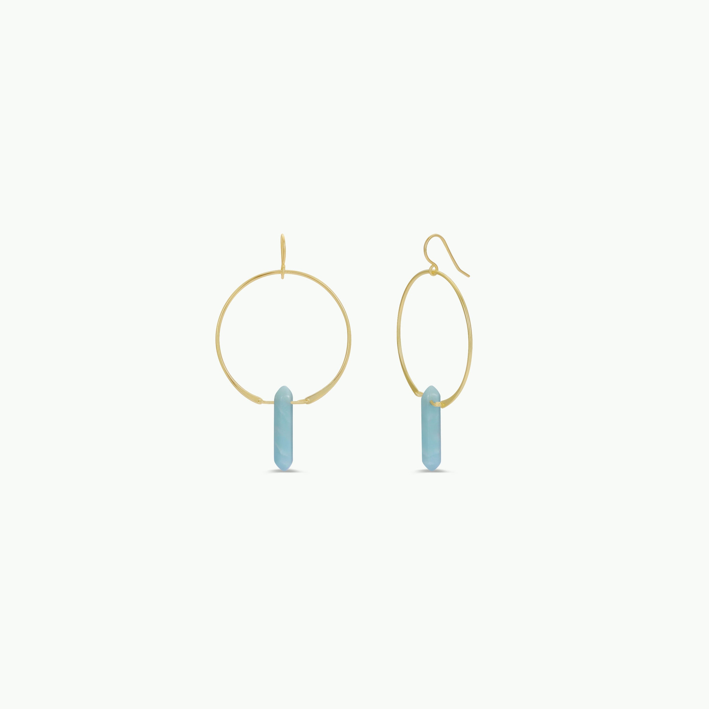 The Amazonite Hoop - Hope features gold plated hoops with a single vertical light blue amazonite crystal point pendant hanging from the center, displayed on a plain white background.