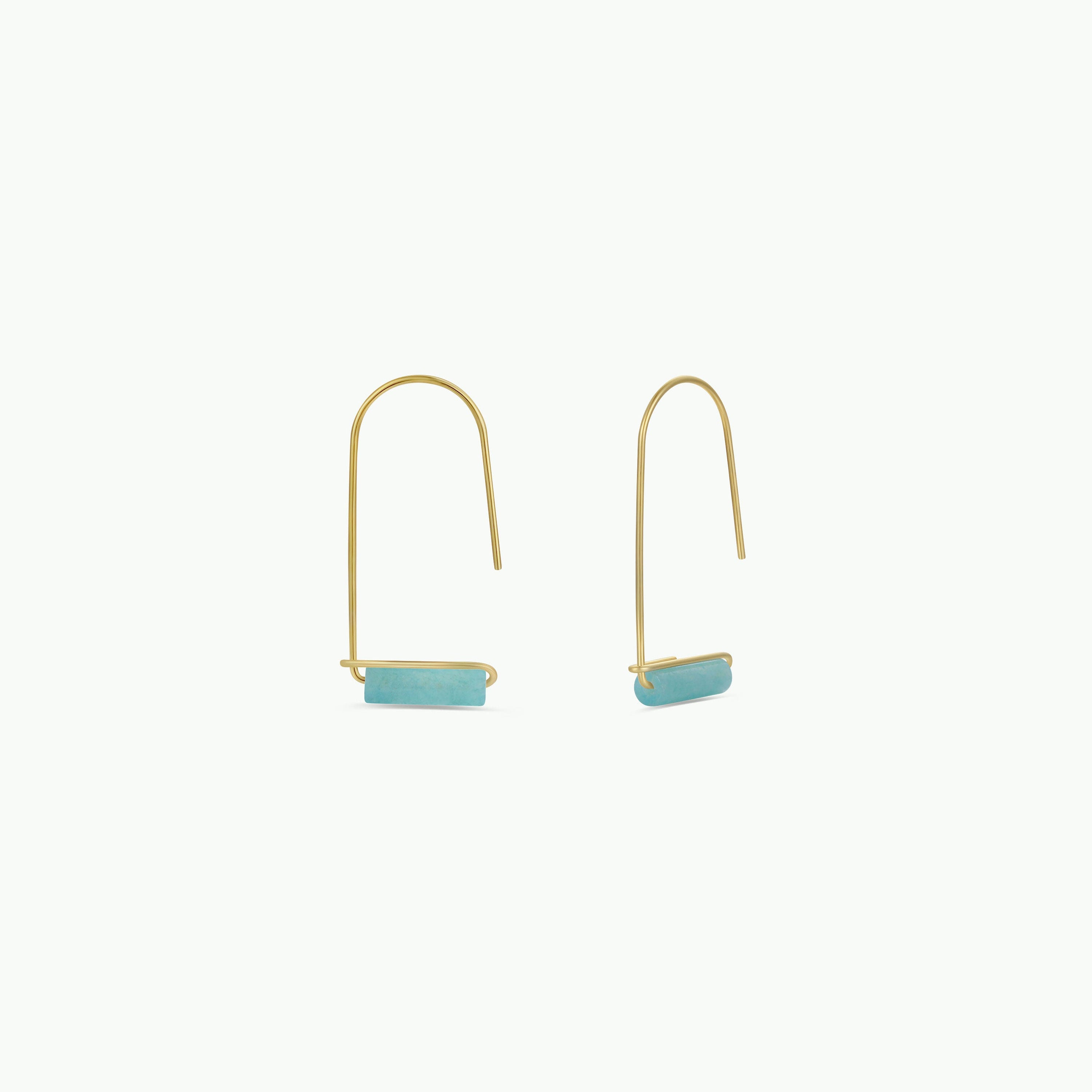 The Amazonite Gemstone Drop - Hope features elegant 18k gold-plated drop earrings with thin, curved hooks and rectangular Amazonite stones, shown against a plain white background.