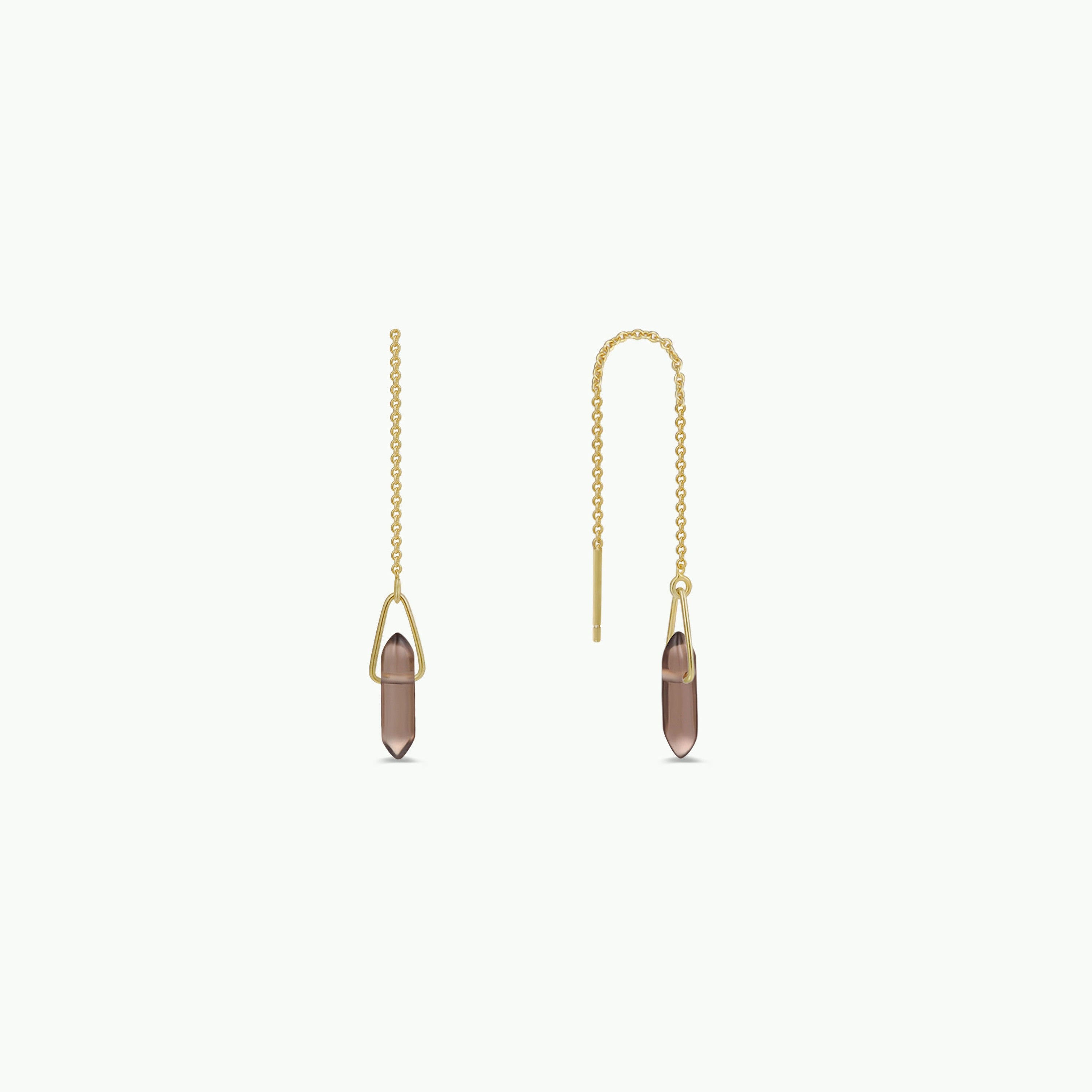 JaxKelly's Gemstone Threader - Smoky Quartz earrings feature delicate gold chains with pointed Smoky Quartz crystal pendants in minimalist 18k gold plating, shown against a white background.