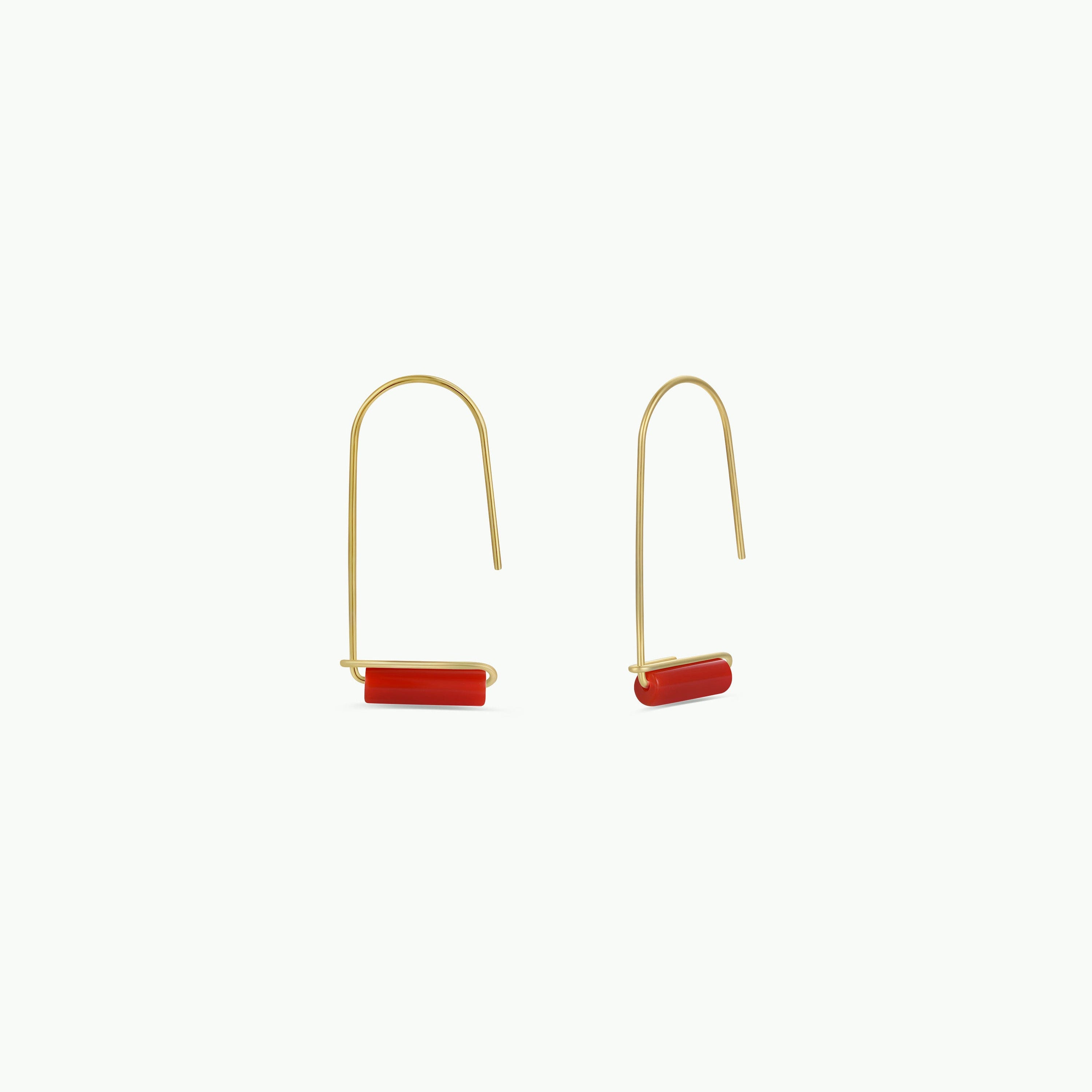 The Carnelian Agate Gemstone Drop - Creativity earrings feature minimalist gold plating and a curved rectangular red carnelian accent, shown elegantly against a plain white background.