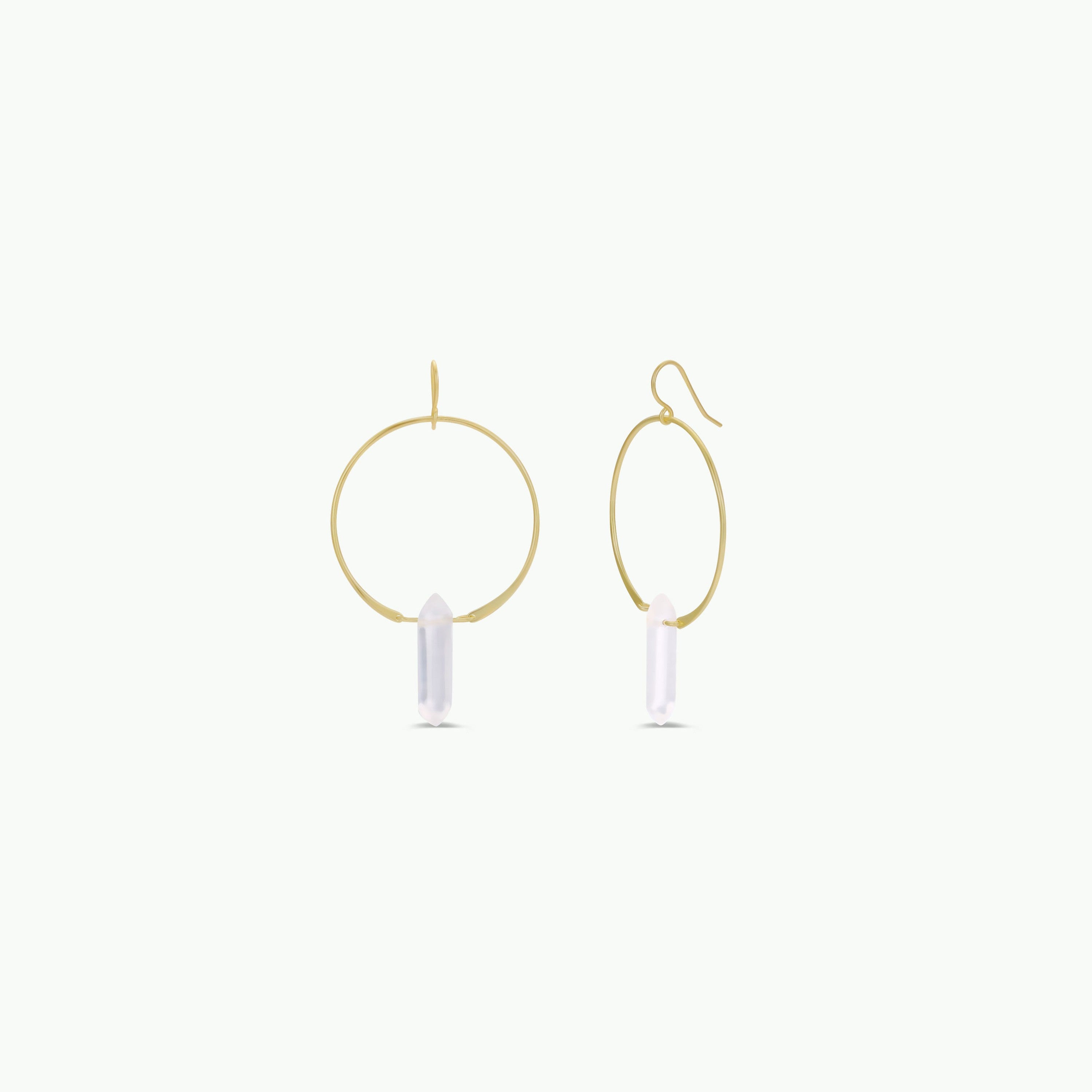 Clear Quartz Hoop - Healing: Gold hoop earrings with a clear quartz pendant at the center, displayed on a plain white background.