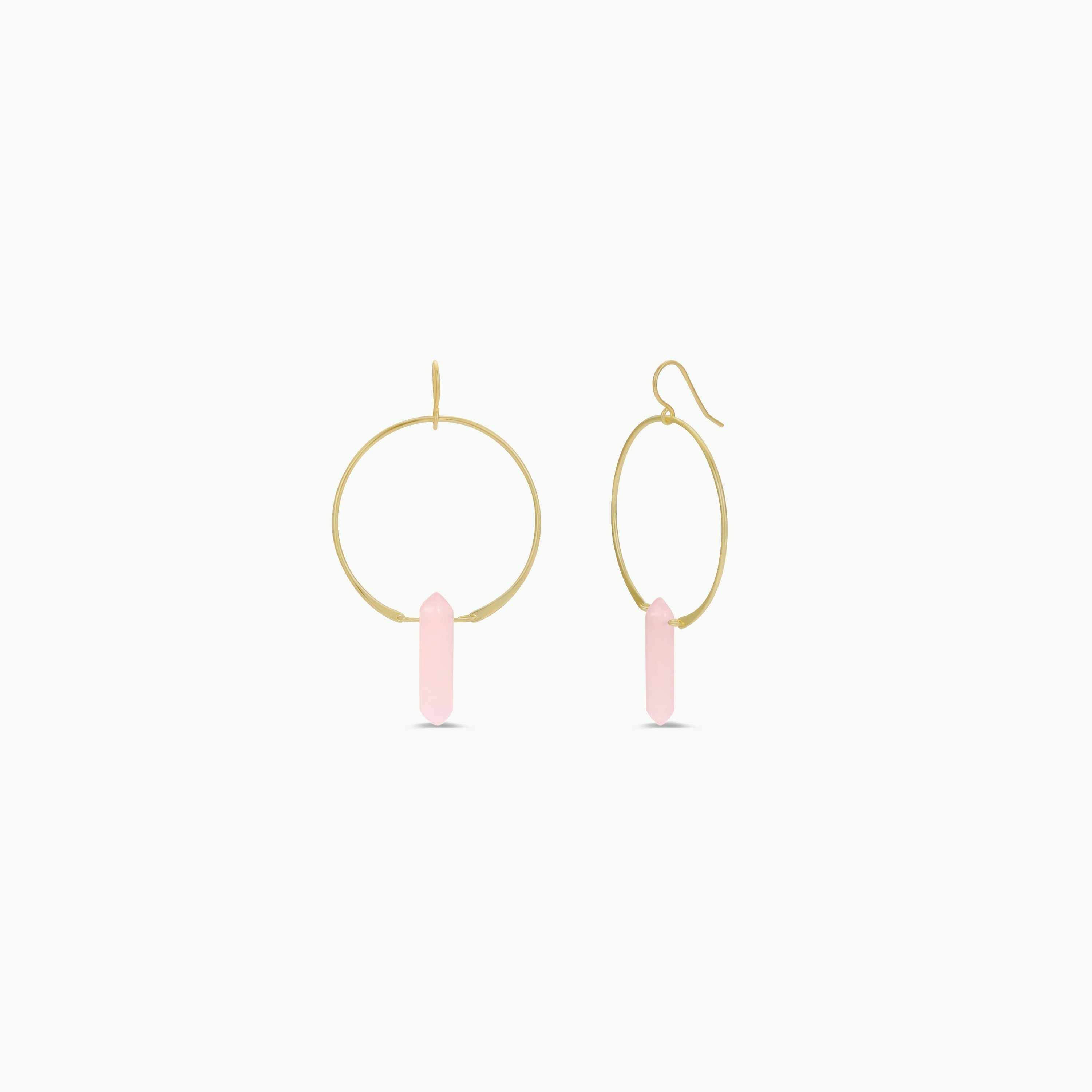 The Rose Quartz Hoop - Love earrings feature gold hoops with hanging rose quartz crystal pendants, displayed on a plain white background—a beautiful handcrafted jewelry piece for any collection.