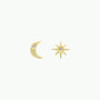 The Sun & Moon earrings are a mismatched pair of 18k gold-plated studs: one is a crescent moon with a small gemstone, and the other is an eight-pointed star with a central gemstone, shown on a plain white background.