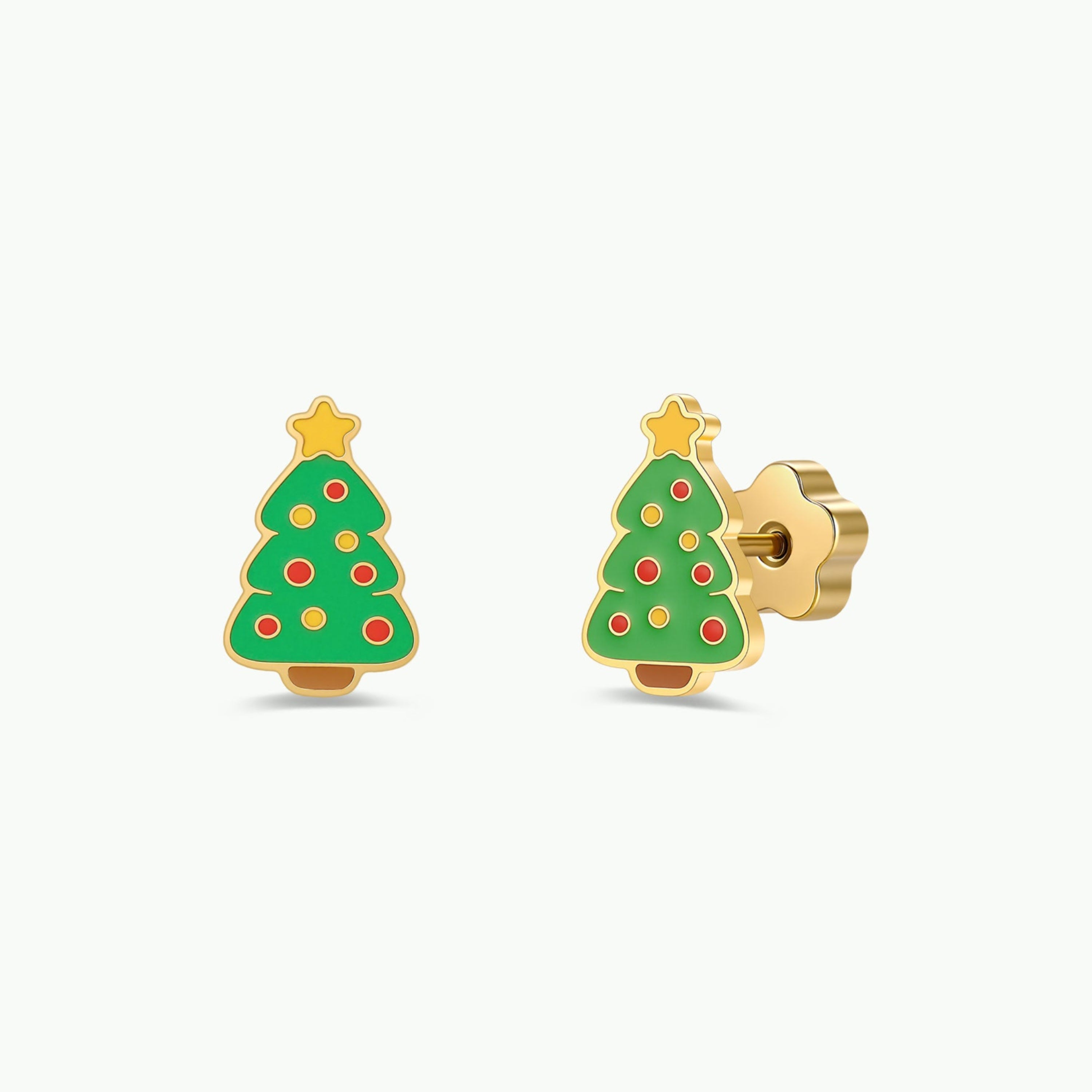 Add a festive touch to any holiday outfit with the JaxKelly Christmas Tree Enamel Flat Back Kids Earrings, featuring charming green enamel Christmas trees adorned with red ornament dots and a yellow star on top, securely set in gold and designed especially for kids.