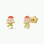 JaxKelly Elf Enamel Flat Back Kids Earrings are shown on a white background, each featuring a smiling elf in a red hat and green outfit. One earring is displayed from the front, while the other reveals the flat stud and flower-shaped back. Crafted as hypoallergenic earrings, these adorable kids’ accessories are perfect for sensitive ears.